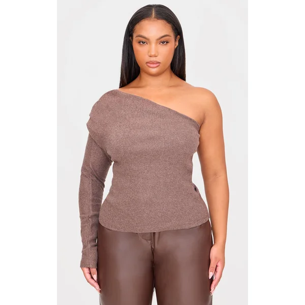 Plus Chocolate Brushed Rib Asymmetric Shoulder Long Top