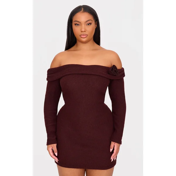 Plus Chocolate Brushed Rib Fold Over Bardot Corsage Detail Bodycon Dress