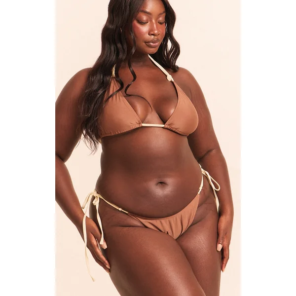 Plus Chocolate Contrast Binding Knot Tie Side Bikini Bottoms