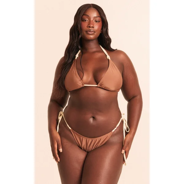 Plus Chocolate Contrast Binding Knot Triangle Bikini Top