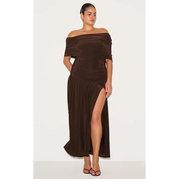 Plus Chocolate Double Layer Slinky Bardot Ruched Maxi Dress