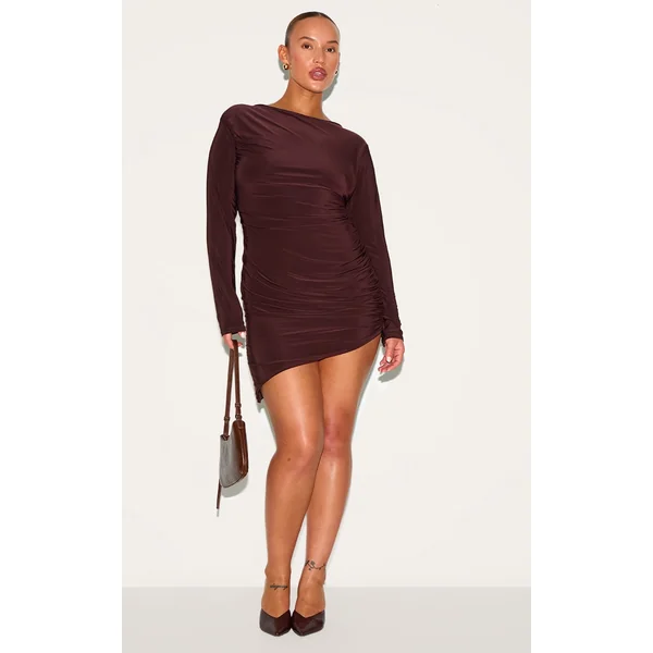 Plus Chocolate Double Layer Slinky Ruched Long Sleeve Mini Dress