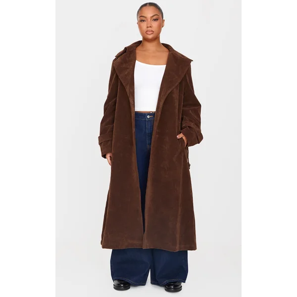 Plus Chocolate Faux Suede Belted Trench Coat