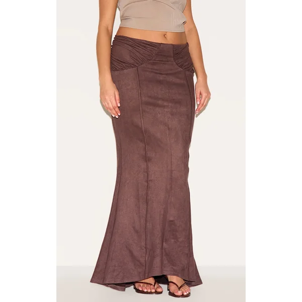 Plus Chocolate Faux Suede Ruching Waist Detail Maxi Skirt
