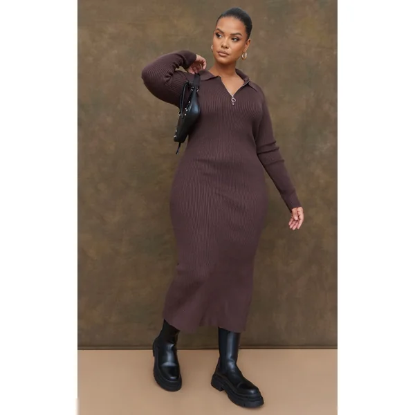 Plus Chocolate Half Zip Collared Detail Midaxi Dress