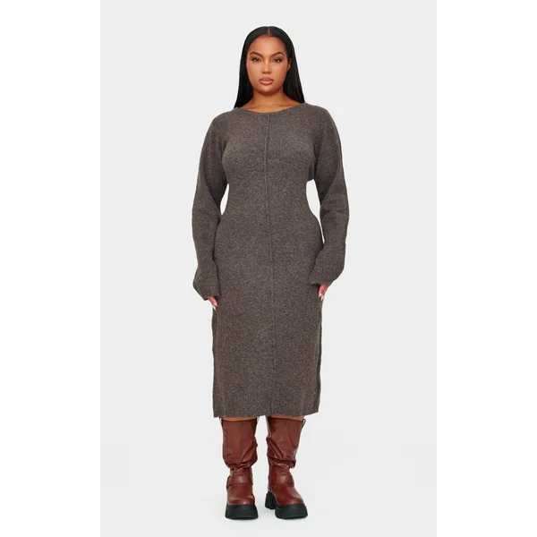 Plus Chocolate Knitted Seam Front Midaxi Dress