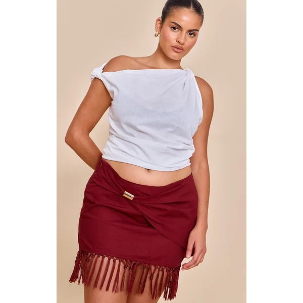 Plus Chocolate Linen Gold Trim Tassle Hem Mini Skirt