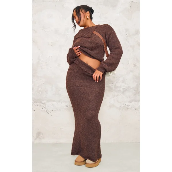 Plus Chocolate Marl Knit Foldover Maxi Skirt