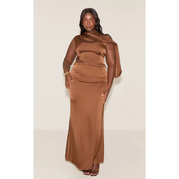 Plus Chocolate Mid Rise Satin Maxi Skirt