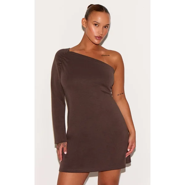 Plus Chocolate Modal One Shoulder Ruched Bodycon Mini Dress