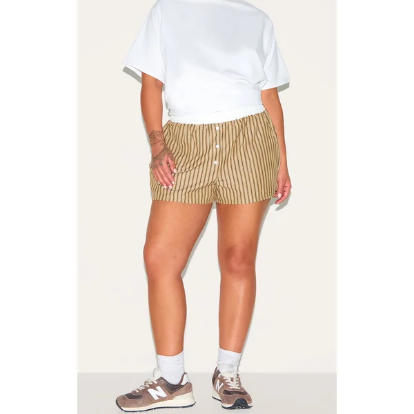 Plus Chocolate Pinstripe Cotton Poplin Contrast Waistband Short