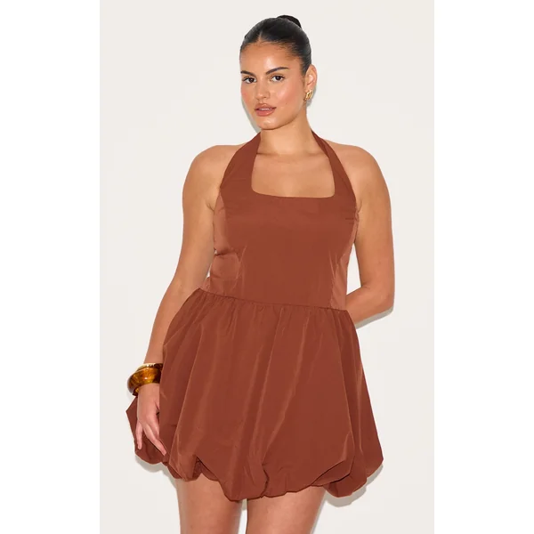 Plus Chocolate Pinstripe Halterneck Puffball Dress
