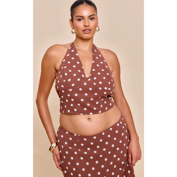 Plus Chocolate Polka Dot Halterneck Chiffon Top