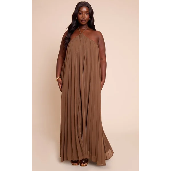 Plus Chocolate Printed Pleated Chiffon Halterneck Maxi Dress