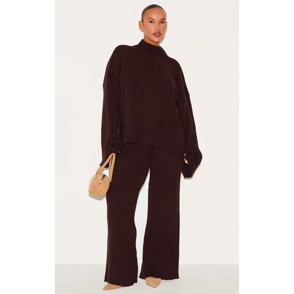 Plus Chocolate Rib Boucle Knit Wide Leg Pants