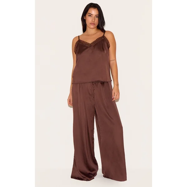 Plus Chocolate Satin Lace Trim Cami Long Pj Set