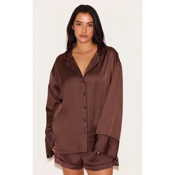 Plus Chocolate Satin Piping Long Sleeve Short Pj Set