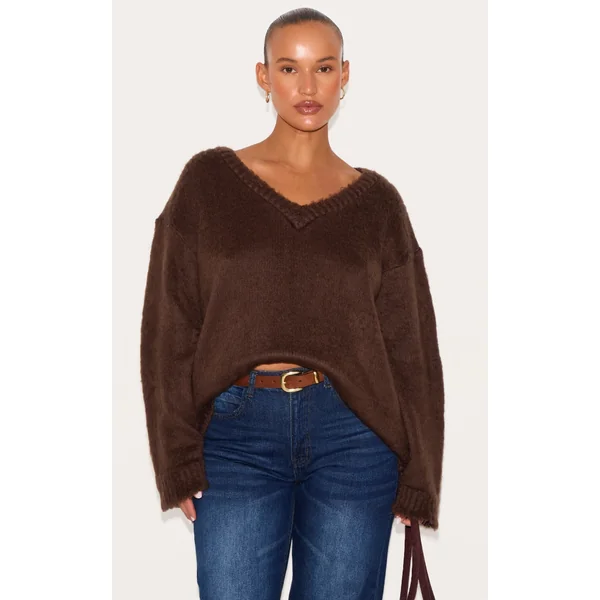 Plus Chocolate Slouchy V Neck Eyelash Knit Sweater