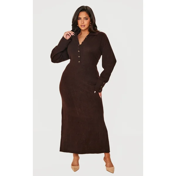 Plus Chocolate Soft Bobble Knit Button Up Collar Detail Maxi Dress