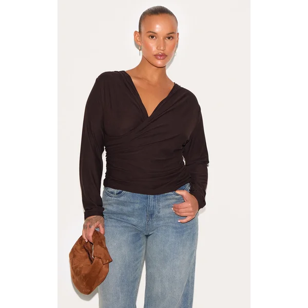 Plus Chocolate Soft Touch Ruched Long Sleeve Longline Top