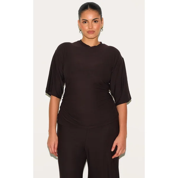 Plus Chocolate Soft Touch Ruched Oversized Short Sleeve T-shirt