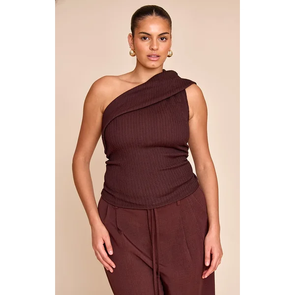 Plus Chocolate Textured Fold Over One Shoulder Long Top