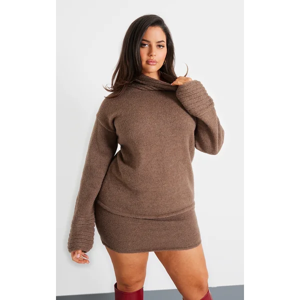 Plus Chocolate Textured Knit Roll Neck Oversized Sweater