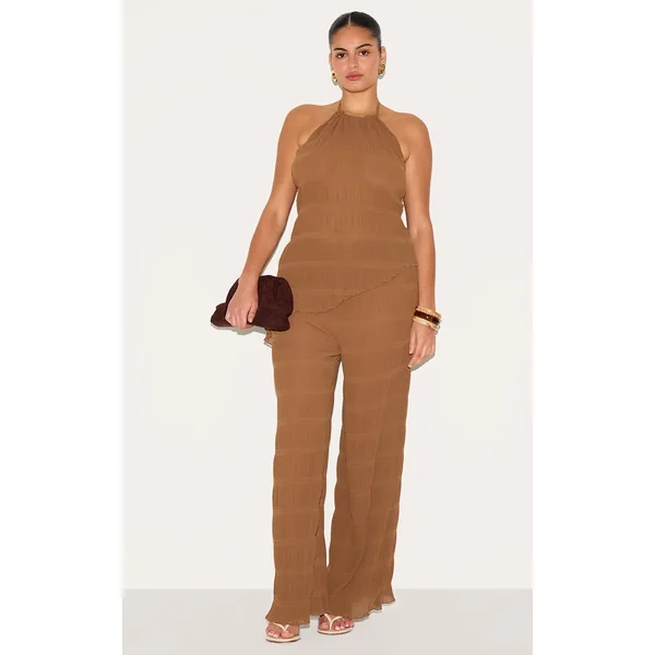 Plus Chocolate Textured Sheer Woven Mid Rise Straight Leg Pant
