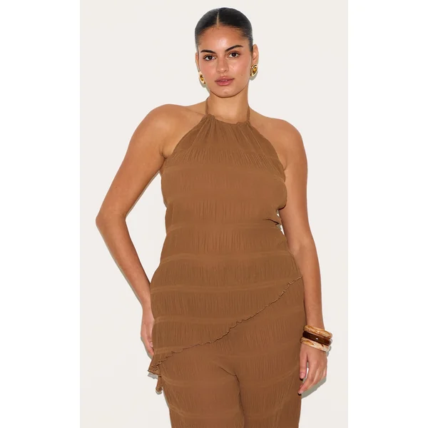 Plus Chocolate Textured Woven Backless Sheer Asymmetric Long Top