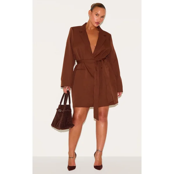 Plus Chocolate Tie Waist Blazer Dress