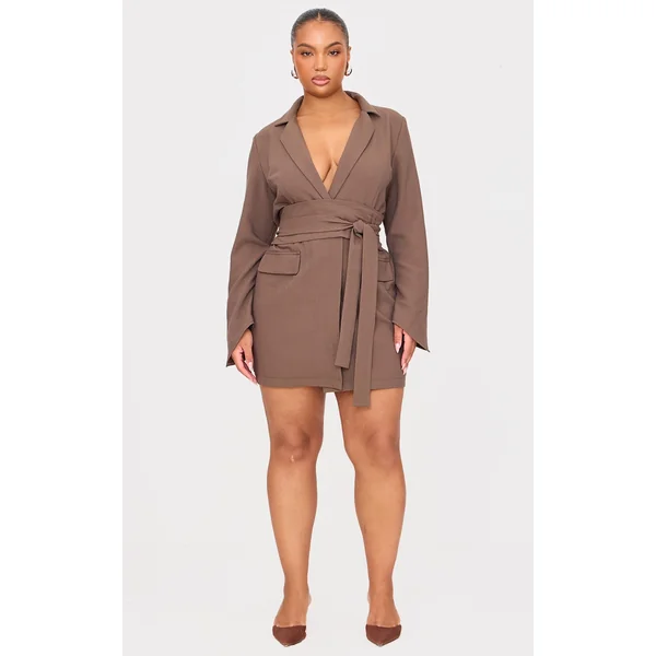 Plus Chocolate Woven Belted Blazer Dress