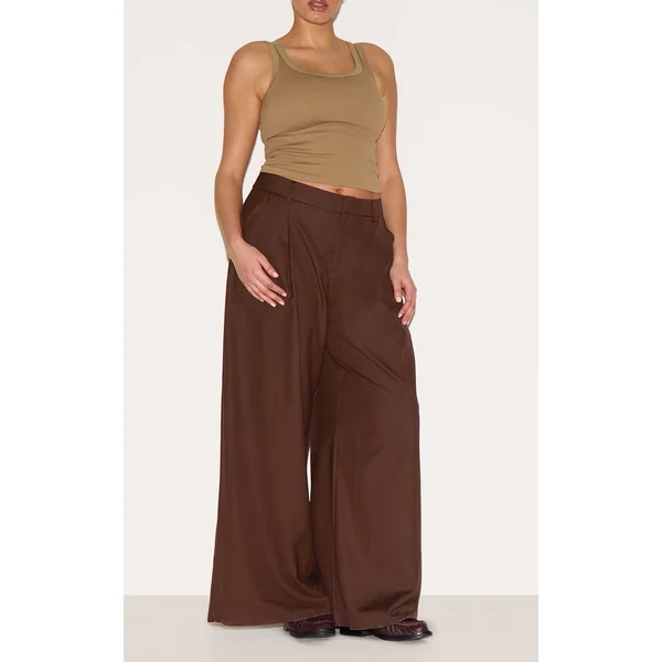 Plus Chocolate Woven Double Pleat Wide Leg Pant