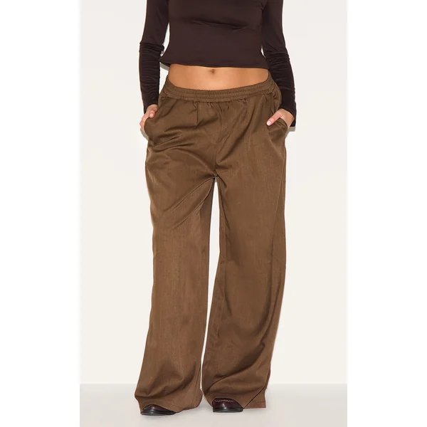 Plus Chocolate Woven Elasticated Waist Wide Leg Pants