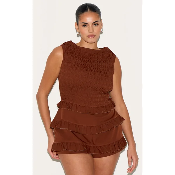 Plus Chocolate Woven Shirred Boat Neck Romper