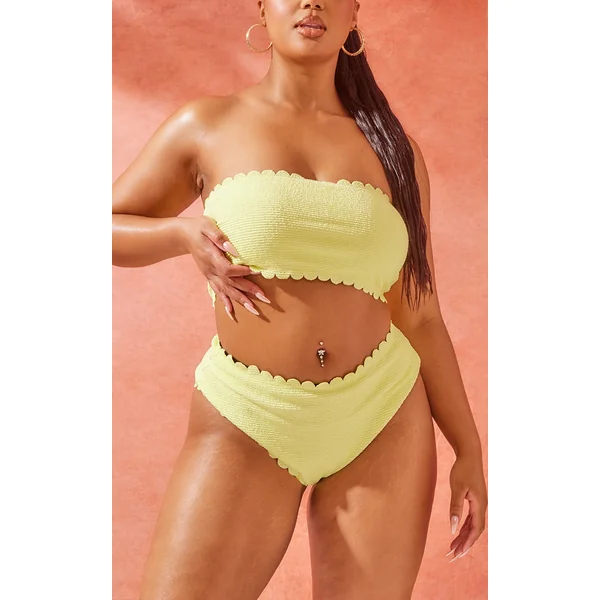 Plus Citrus Yellow Crinkle Scallop Edge High Leg Bikini Bottoms