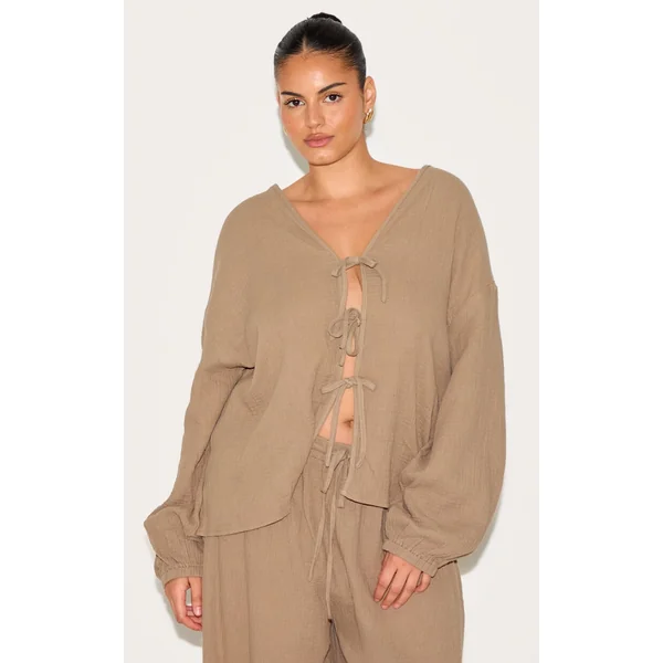 Plus Clay Textured Cheesecloth Tie Front Shirt