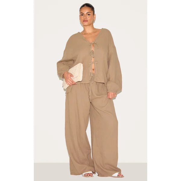 Plus Clay Textured Cheesecloth Wide Leg Pants