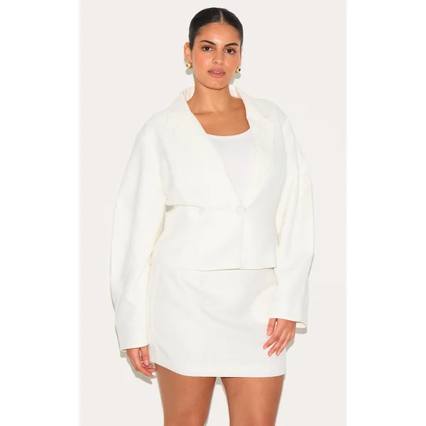 Plus Cream Boucle Cinched Waist Blazer