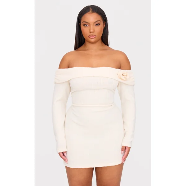 Plus Cream Brushed Rib Fold Over Bardot Corsage Detail Bodycon Dress
