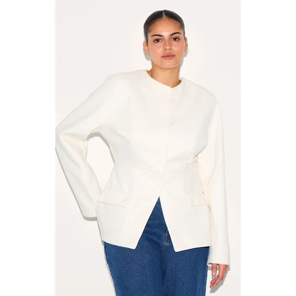 Plus Cream Button Up Longline Collarless Blazer