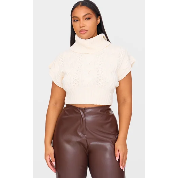 Plus Cream Cable Knit Cap Sleeve Roll Neck Cropped Vest