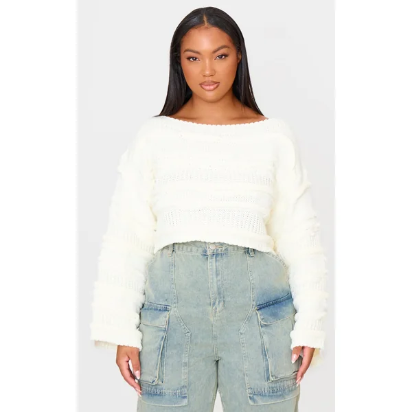 Plus Cream Chunky Raised Contrast Knit Cropped Wide Neck Sweater