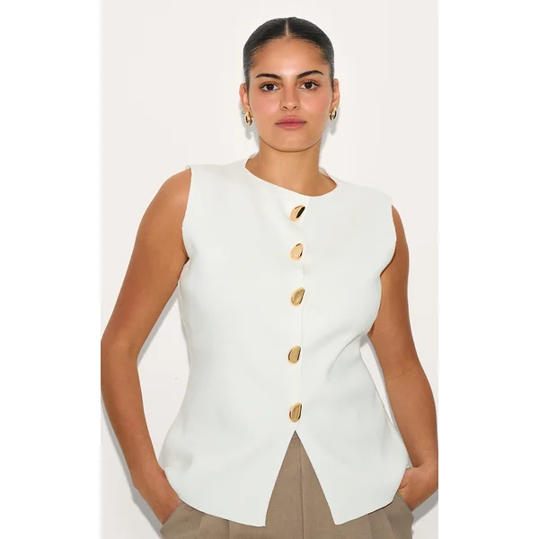 Plus Cream Compact Knit Button Up Vest