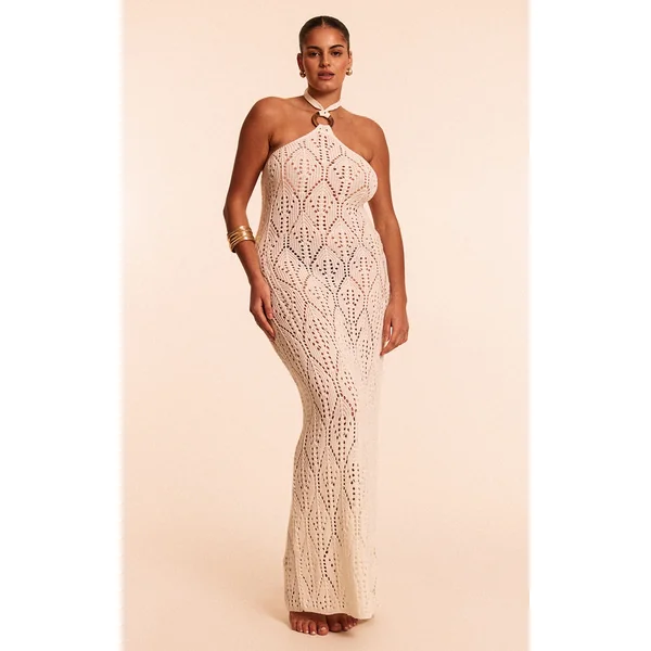 Plus Cream Crochet Maxi Halter Neck Beach Dress