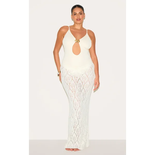 Plus Cream Crochet Maxi Knot Detail Beach Skirt