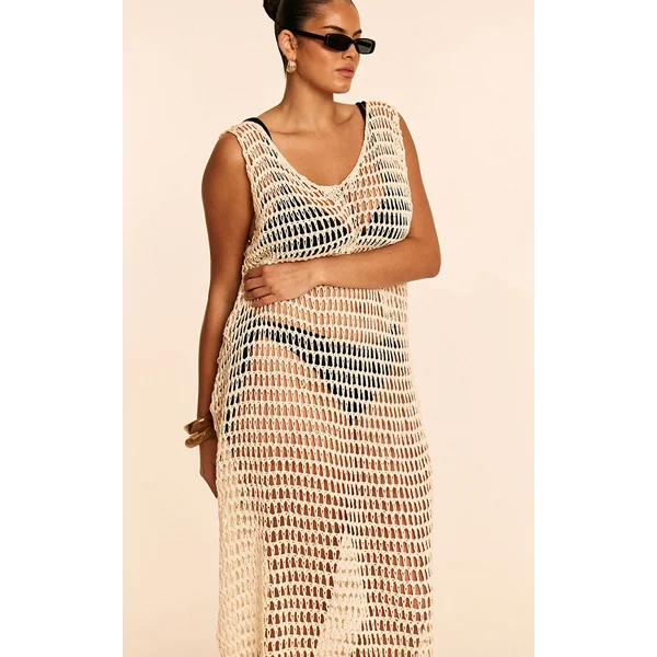 Plus Cream Crochet Sleeveless Maxi Beach Dress
