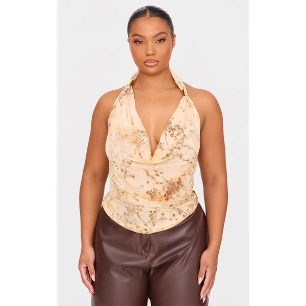 Plus Cream Devore Cowl Neck Top