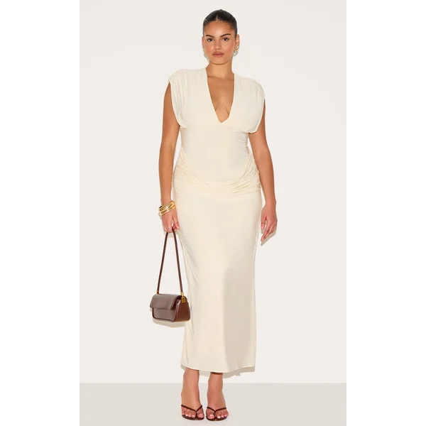 Plus Cream Double Layer Plunge Ruched Shoulder Drape Waist Maxi Dress