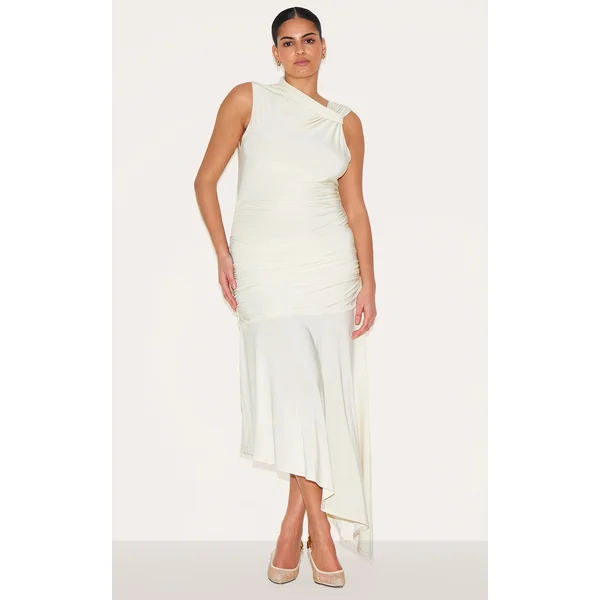 Plus Cream Double Layer Slinky Asymmetrical Ruched Detail Midaxi Dress