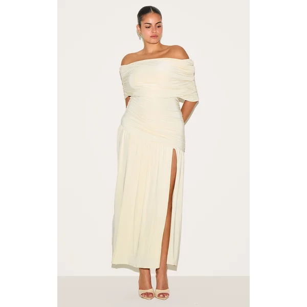 Plus Cream Double Layer Slinky Bardot Ruched Maxi Dress